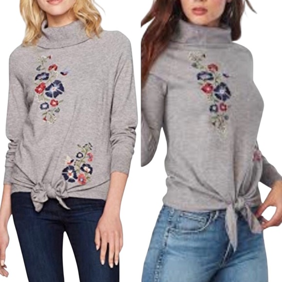 BB Dakota Tie Front Bird Floral Embroidered Cowl Neck Sweater Size Medium - Picture 1 of 12